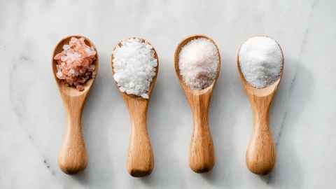 Four types of salt on four wooden spoons 