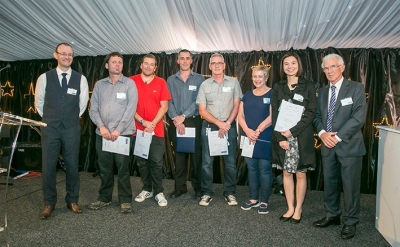 Image of From left: Lee Dewhurst, Ray Gilbert, Tim Layt, Peter Mayne, Keith Richards, Mary Spellman, Vicky Tsang and Chancellor Ian Parton
